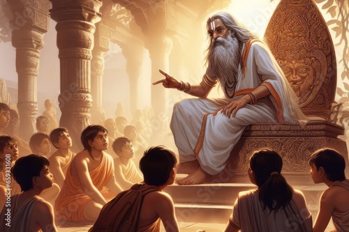 an old Hindu rishi or sadhu educating young people in ancient India