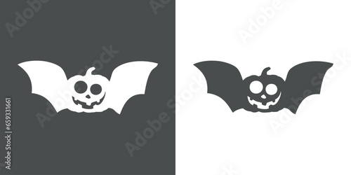 Logo con silueta de calabaza de Halloween volando con alas de murciélago para su uso en invitaciones y tarjetas 