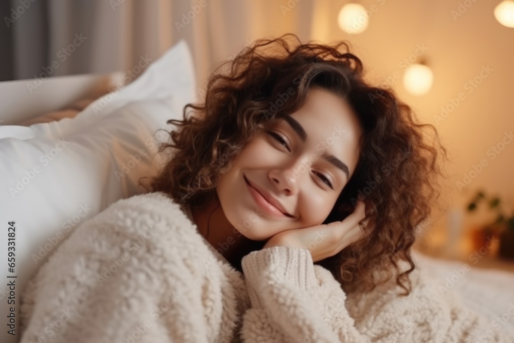 Woman stretching in bed after wake up, AI Generated Woman stretching in bed after wake up, AI Generated