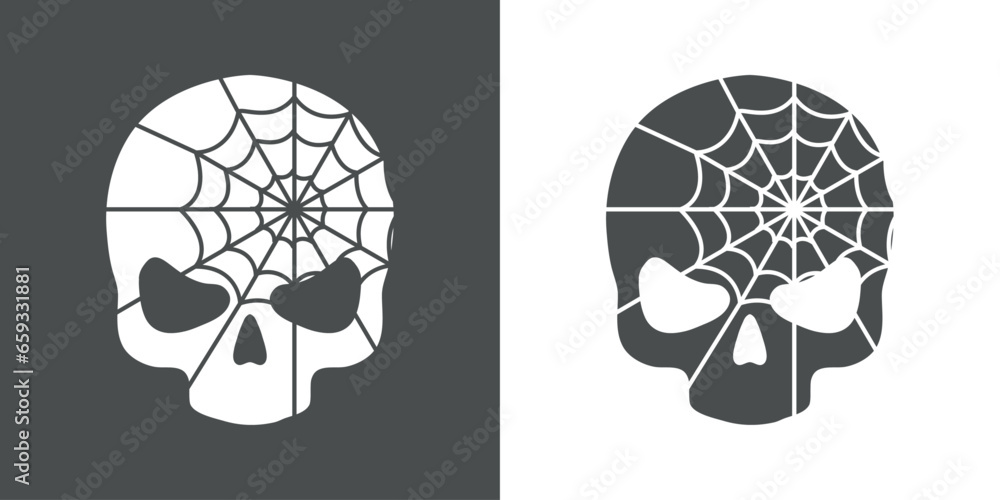Logo con silueta de calavera con tela de araña para su uso en invitaciones y tarjetas de Halloween - obrazy, fototapety, plakaty 