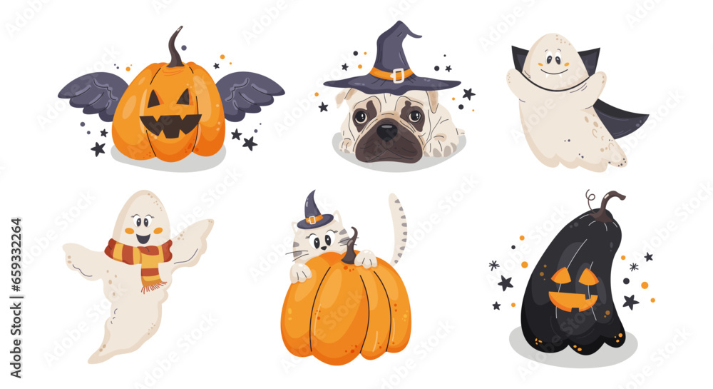 A set of smiling and funny Halloween illustrations: a pumpkin, a ghost, a cat, a dog in a witch's hat. Vector cartoon cute illustration in hand drawn style A set of smiling and funny Halloween illustrations: a pumpkin, a ghost, a cat, a dog in a witch's hat. Vector cartoon cute illustration in hand drawn style