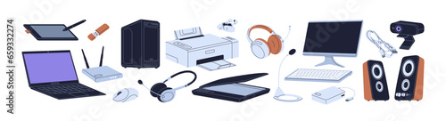 Computer accessories set. PC equipment, devices. Keyboard, mouse, headset and headphones, microphone, router, scanner and printer gadgets. Flat vector illustrations isolated on white background
