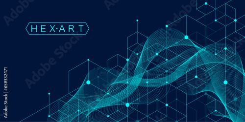 Technology abstract lines and dots connect background with hexagons. Hexagons connection digital data and big data concept. Hex digital data visualization. Vector illustration