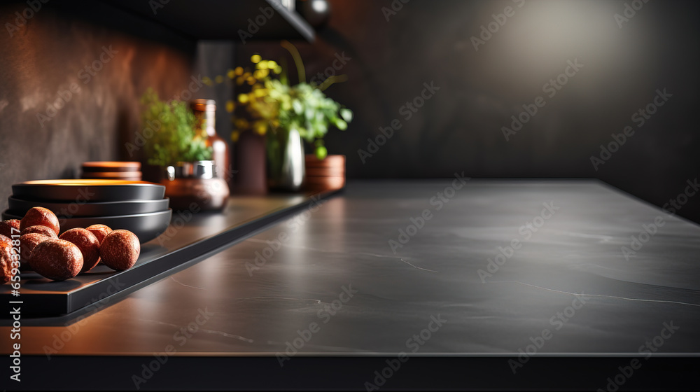 close up of a professionell kitchen counters with blur kitchen cupboards in the back, minimalist sets, mock-up with empty copy space close up of a professionell kitchen counters with blur kitchen cupboards in the back, minimalist sets, mock-up with empty copy space