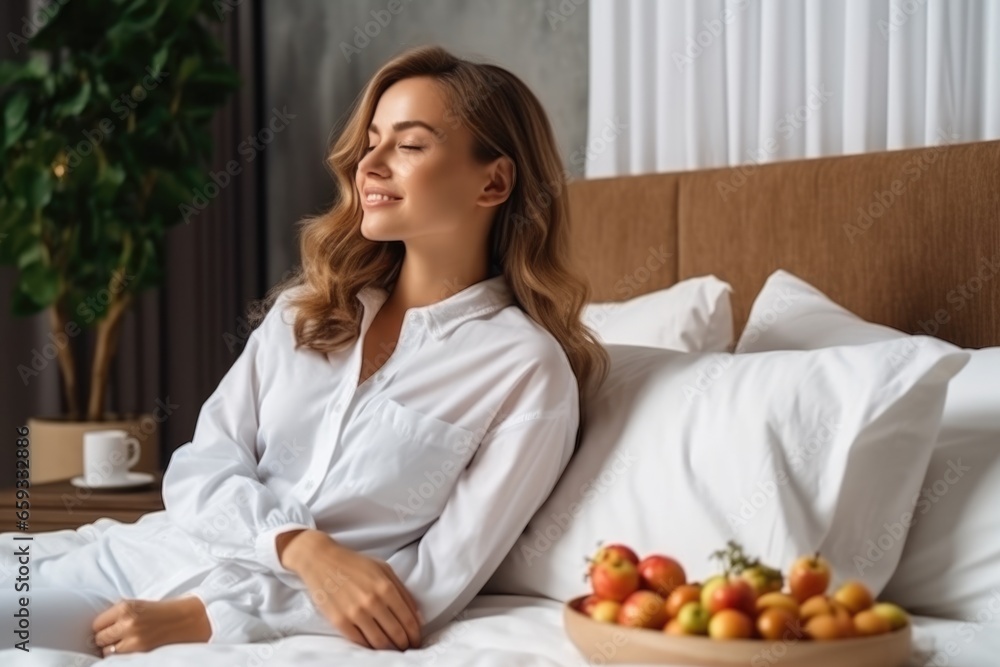 Woman eating breakfast in the hotel room. AI Generated