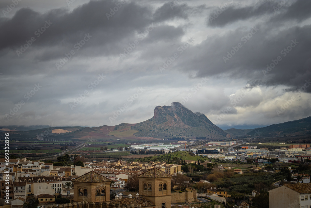 Landscape of Antequera with the Lovers rock, face like mountain, Spain