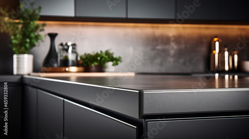 close up of a professionell kitchen counters with blur kitchen cupboards in the back  minimalist sets   mock-up with empty copy space
