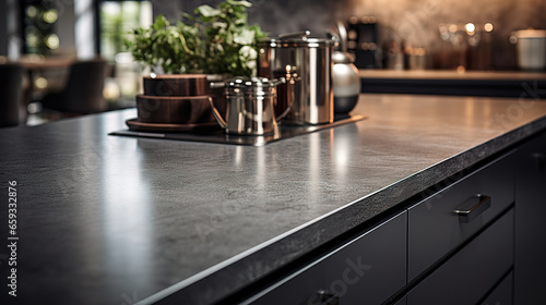 close up of a professionell kitchen counters with blur kitchen cupboards in the back  minimalist sets   mock-up with empty copy space