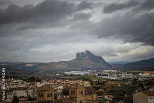 Landscape of Antequera with the Lovers rock  face like mountain  Spain