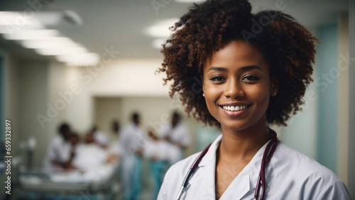 Ritratto di una dottoressa di origini africane in ospedale, sorridente e professionale photo