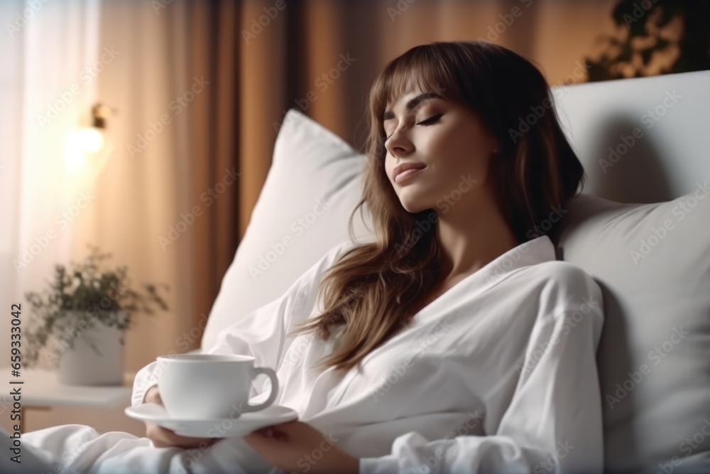 Woman eating breakfast in the hotel room. AI Generated Woman eating breakfast in the hotel room. AI Generated