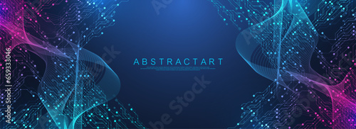 Quantum computer technologies concept. Futuristic blue circuit board background vector. Modern technology circuit board texture background design. Waves flow. Quantum explosion technology.