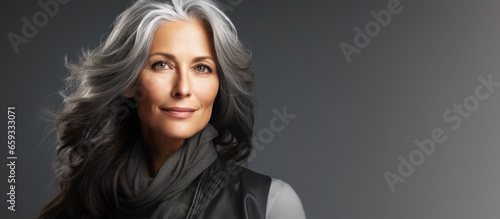 Adult woman with smooth healthy skin. Beautiful aging mature woman with long gray hair and happy shy smiling. Beauty and cosmetics skincare advertising concept. With copy space.
