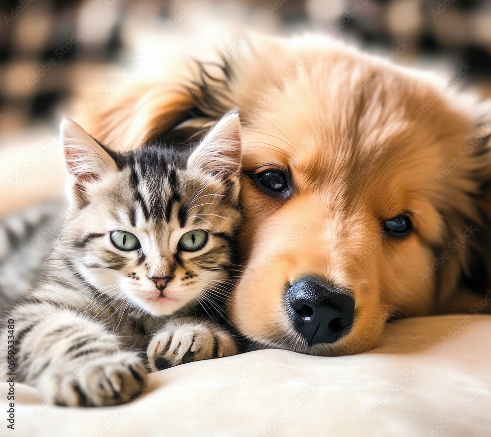 Cute puppy and kitten lie together