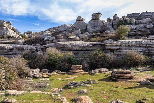 Torcal de Antequera National Park with its limestone rocks, beautiful nature and Iberian wild goats, Andalusia, Spain