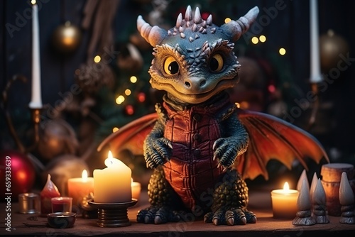 The small dragon lights a Christmas candle. Fantasy style dragon. New Year 2024