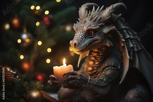 The dragon lights a Christmas candle. Fantasy style dragon. New Year 2024