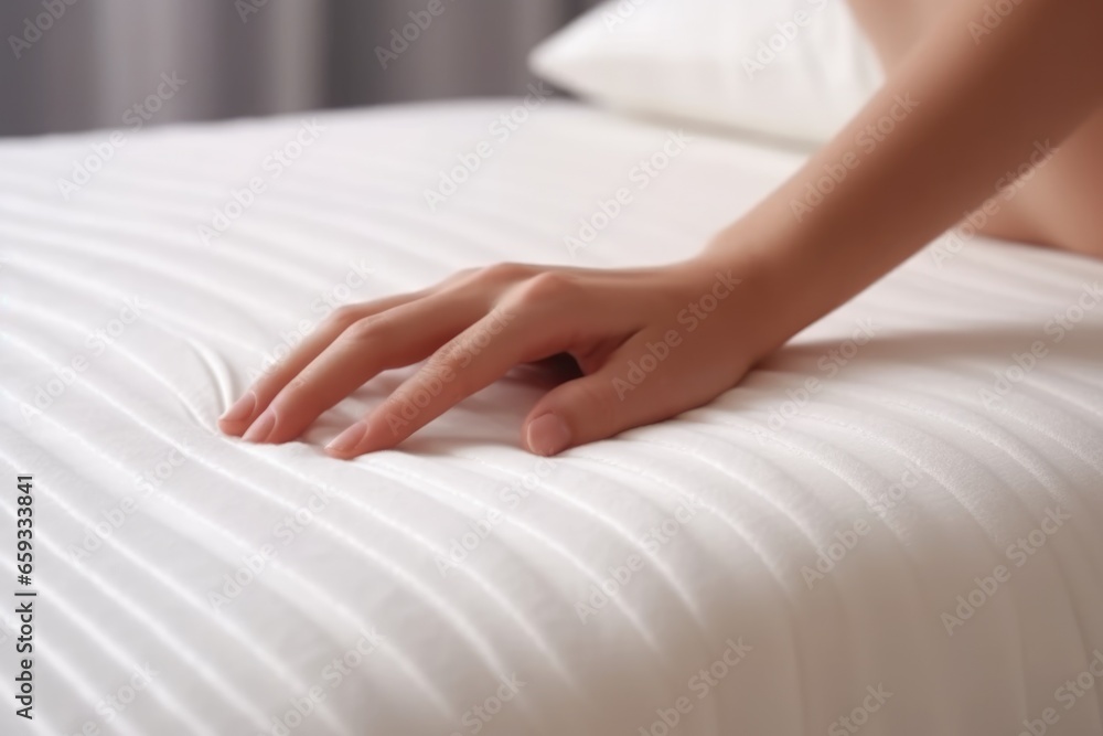 Woman touching soft orthopedic mattress. AI Generated Woman touching soft orthopedic mattress. AI Generated