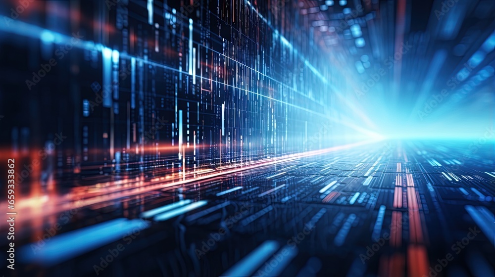 Obraz premium Futuristic data stream 3d illustration. Data transfer technology. Cyberpunk, Big data and cybersecurity. Cyberspace, blockchain transactions. Abstract technological background