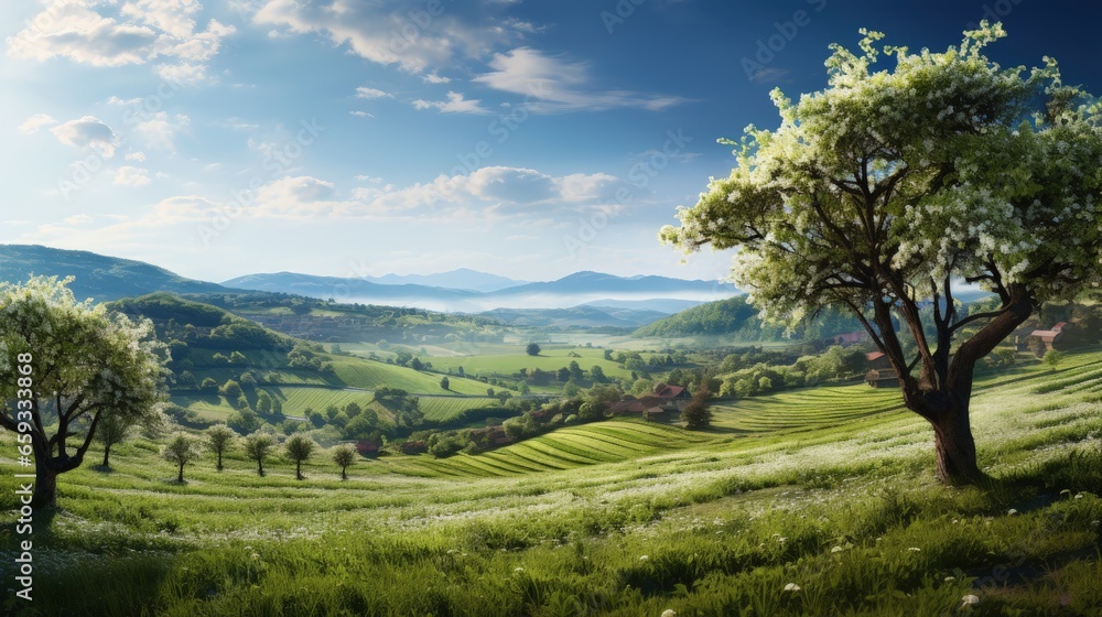 Cherry tree plantage in Upper Austria with a view of the vast fertile land