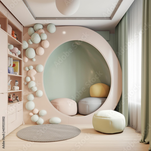 Wicker carpet with pouf and toys in children's room