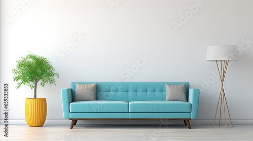 Living room wall mockup in bright tones with have sofa and lamp with white wall background.3d rendering © HN Works