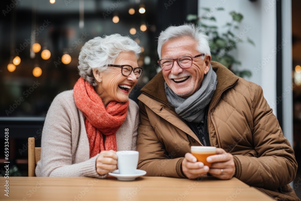 A senior couple are talking ang laughing at a table on the terrace of a cafe A senior couple are talking ang laughing at a table on the terrace of a cafe