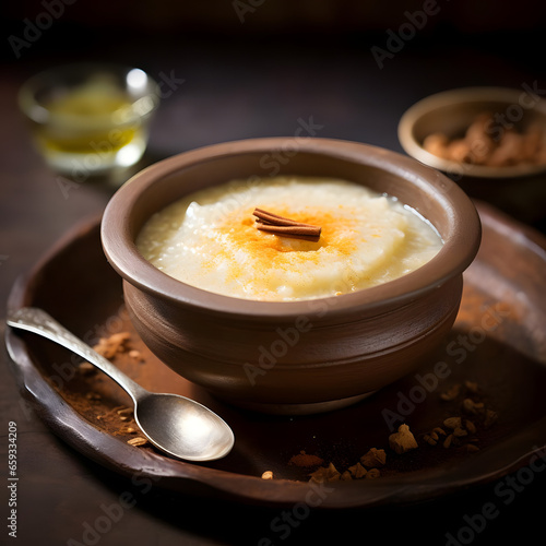 Photo of a bowl of traditional Bengali mishti doi, captured with a macro lens for texture Generative AI photo