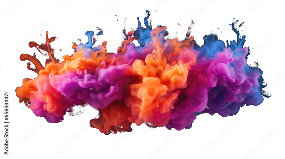 Multi colored smoke bomb explosion emitting clouds on transparent background, Colorful liquid explosion under water on black background.