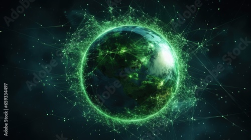 Fototapeta Naklejka Na Ścianę i Meble -  Virtual planet Earth with particles and lines. Network connection big data. Abstract technology green background. 3D rendering.