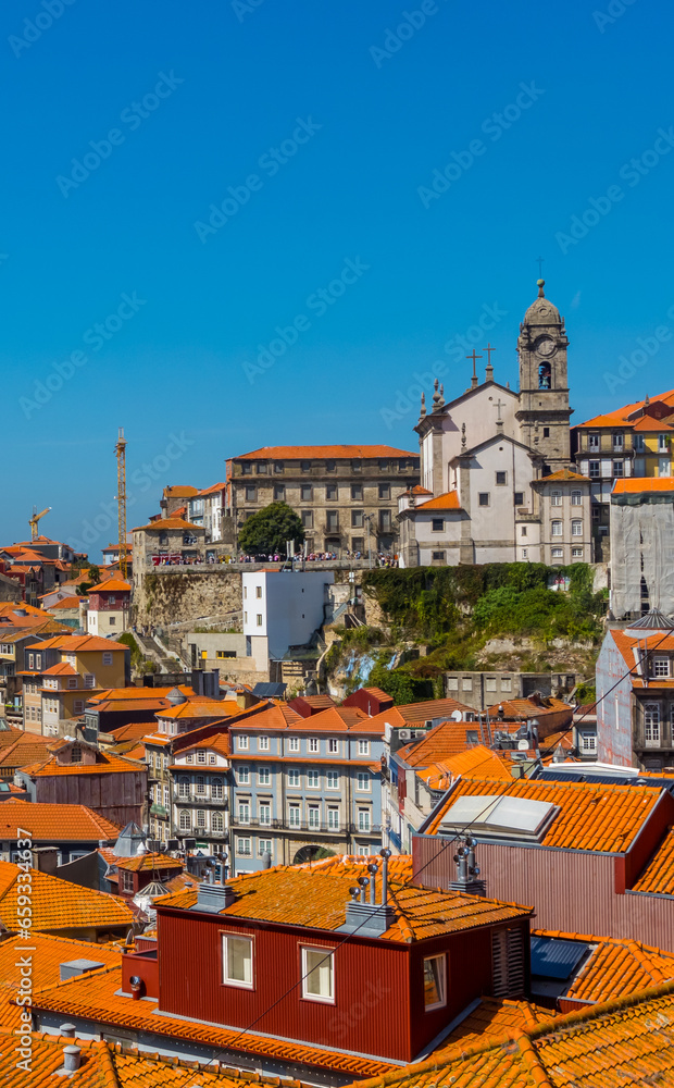Aerial panorama view of the Ribeira District in Porto, Portugal
