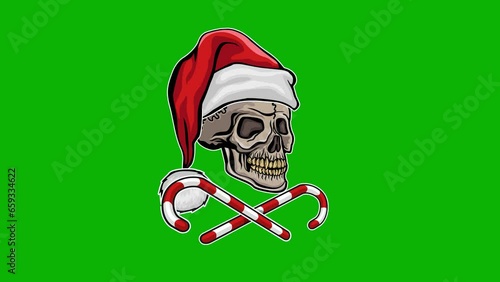 cartoon animation, Xmas sign with skull in hat of Santa Claus with chroma key