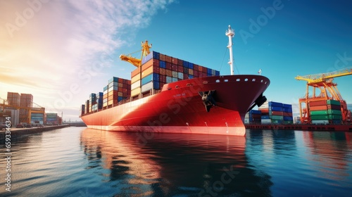 cargo container ship sea freight carrying container and running for export goods from cargo yard port to custom ocean concept technology transportation   customs clearance. logistics supply front view