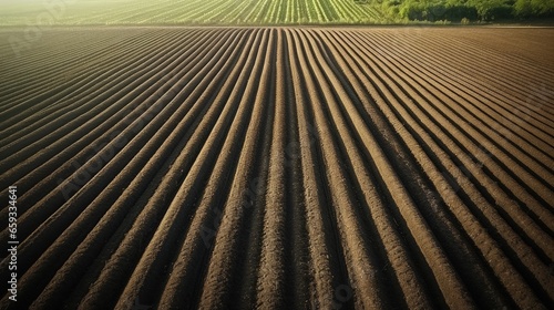 Aerial view ; Rows of soil before planting.Furrows row pattern in a plowed field prepared for planting crops in spring.Horizontal view in perspective.