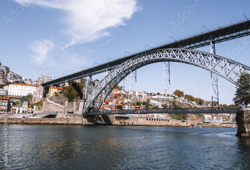 Panoramic view of the Douro River with Dom Luis I Bridge in Porto, Portugal