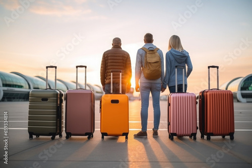 Polyamorous family with suitcases at the airport before moving photo