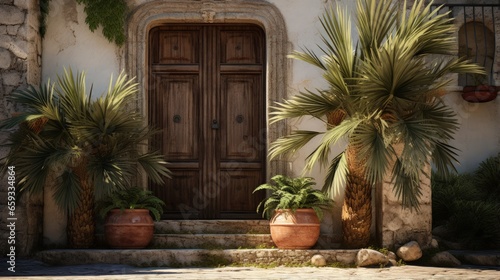 The aesthetically beautiful exterior of a building in Sicily, Italy. Two yucca palms in pots in front of a doorway. Entrance to the old stone villa in the rays of the sun.