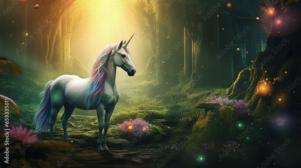 A beautiful unicorn in a magical forest - digital illustration