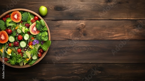 Fresh salad with fruits and greens on vintage wooden background top view with space for text.