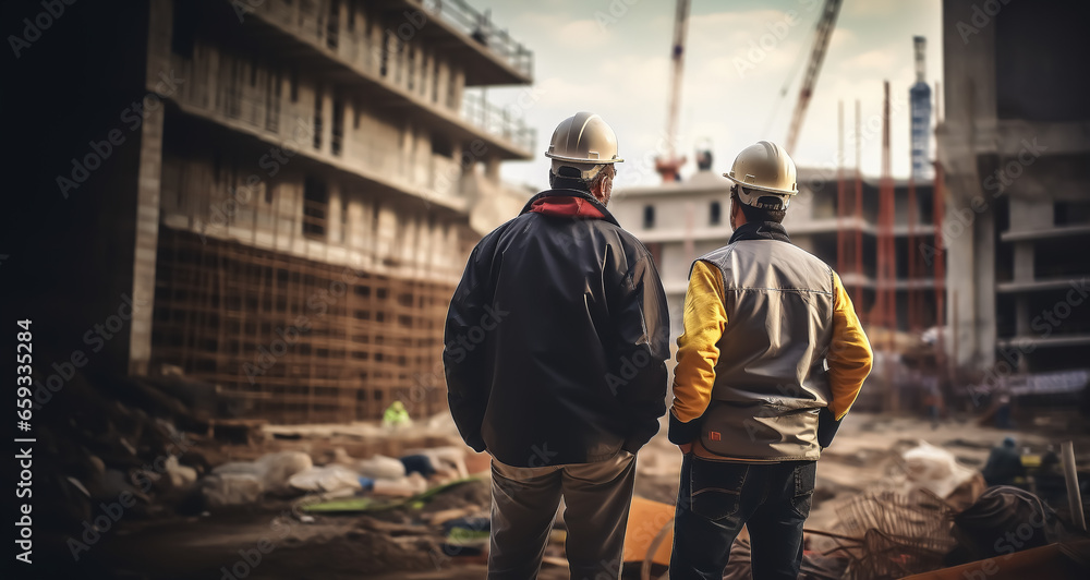 Two engineers or site managers stand on construction site and inspect the construction - Industry and construction theme. Two engineers or site managers stand on construction site and inspect the construction - Industry and construction theme.