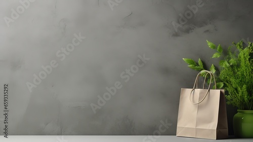 Banner Paper bag with eco friendly products on gray concrete