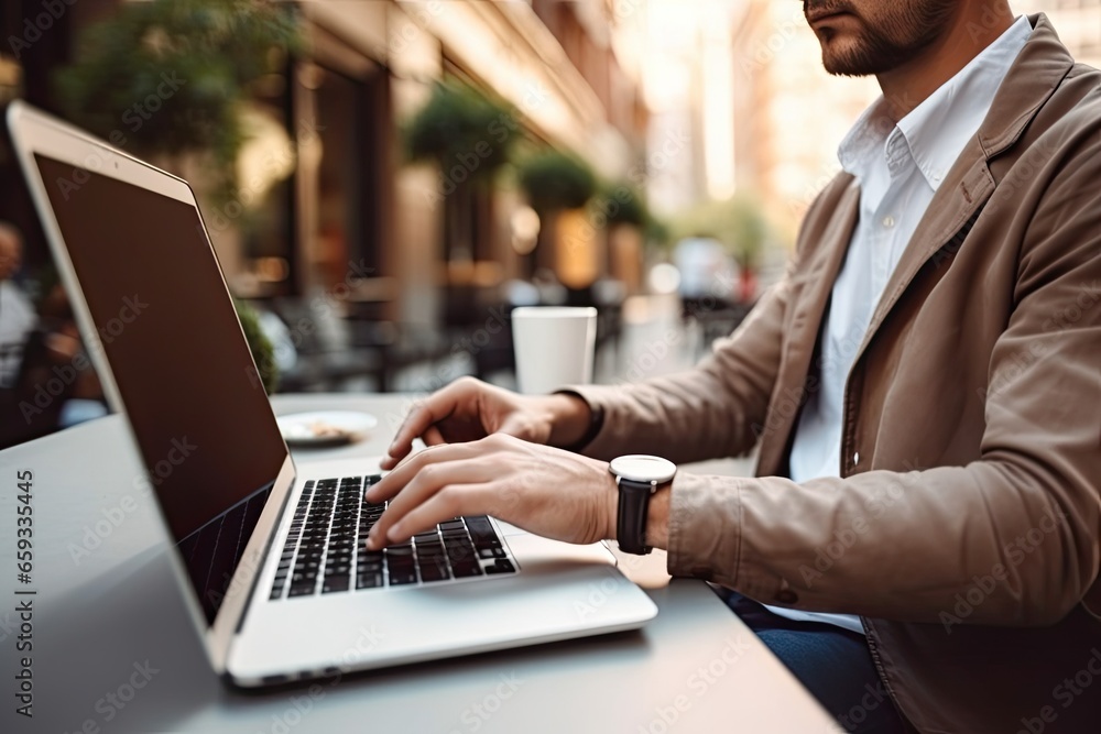 young businessman using laptop while sitting in cafe outdoors young businessman using laptop while sitting in cafe outdoors