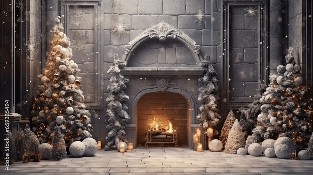 A fireplace with Christmas decorations in a cozy room
