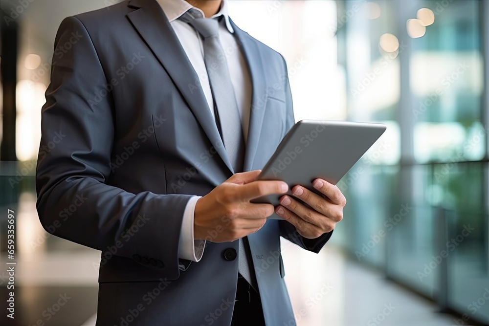 Businessman holding digital tablet in the office. Business and technology concept Businessman holding digital tablet in the office. Business and technology concept