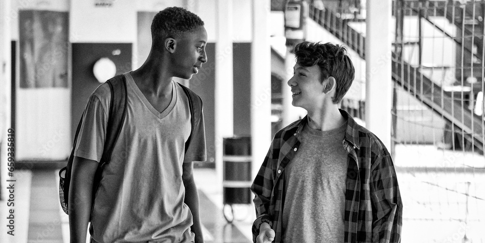Caucasian and african teenager friends talking in the school hallway Caucasian and african teenager friends talking in the school hallway