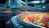 automatic robot with vacuum suckers and conveyor in Production of candy in a manufacture factory for the food industry