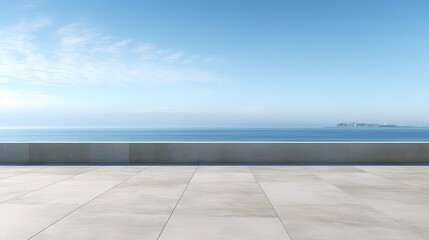 Empty concrete floor and gray wall. 3d rendering of sea view plaza with clear sky background.