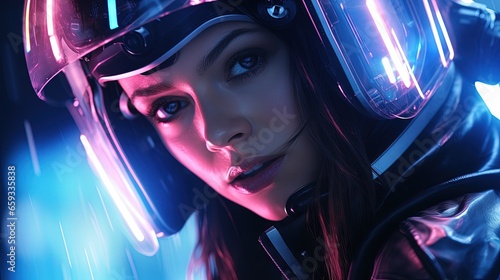 Realistic portrait of a sci-fi neon cyberpunk girl in a cyber suit. High-tech futuristic man from the future. The concept of virtual reality and cyberpunk. 3D render. 3D Illustration