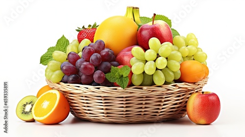 Composition with assorted fruits in wicker basket isolated on white