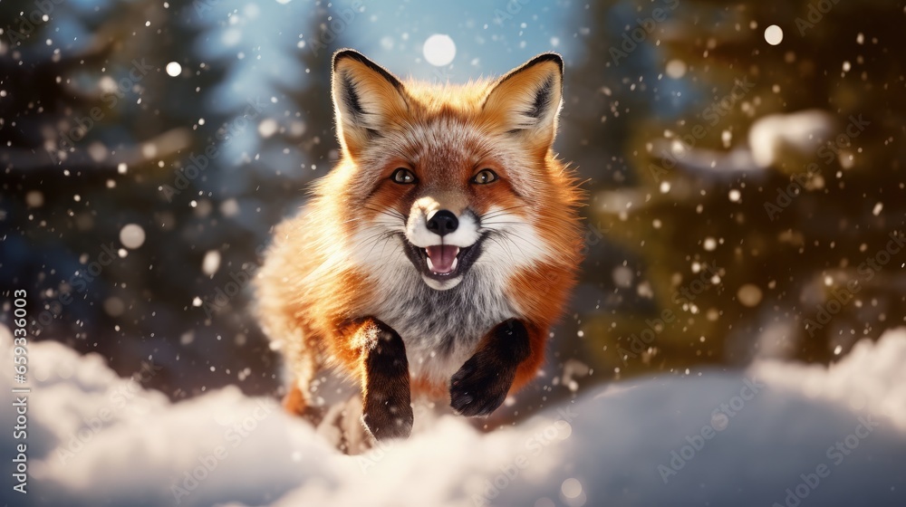 Red Fox jumping, Vulpes vulpes, wildlife scene from Europe. Orange fur coat animal hunting in the nature habitat. Fox jump on the green forest meadow with first snow. Wildlife scene from nature.